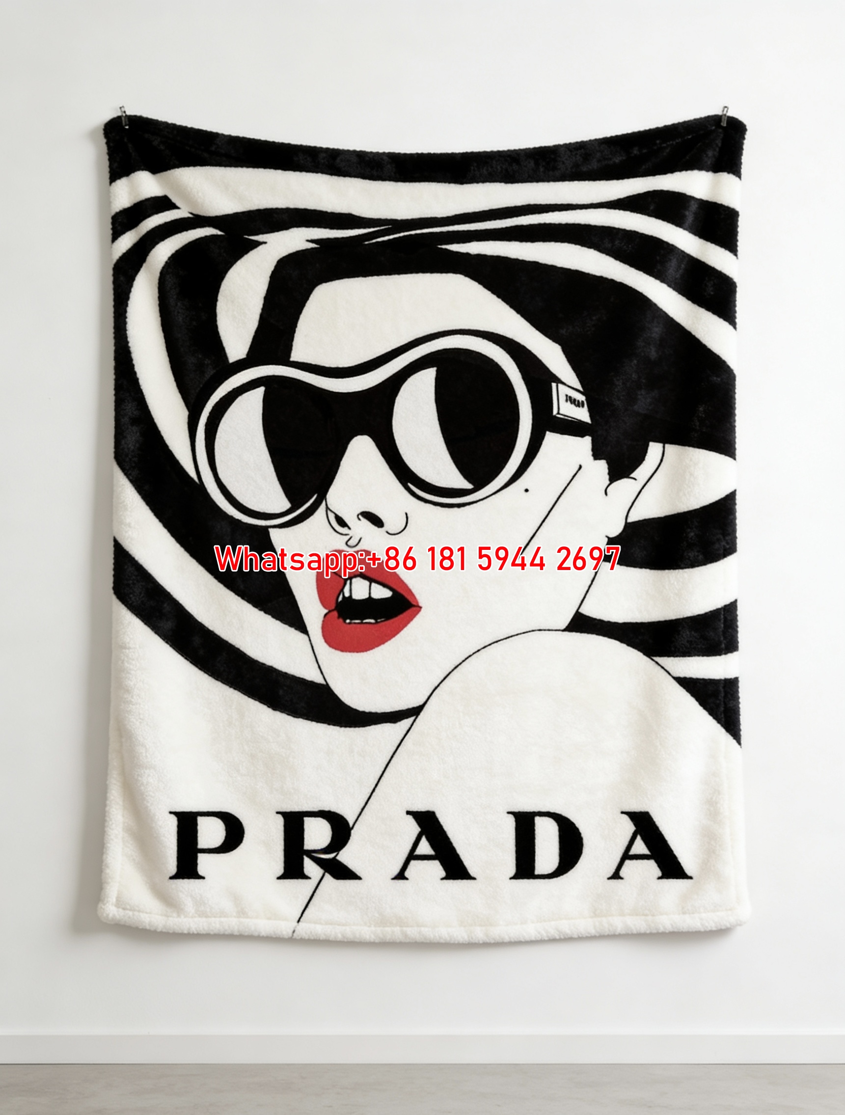 Prada Retro Fashion Illustration Black White Red Lips Print Fleece Sofa Throw Blanket IMG_2711